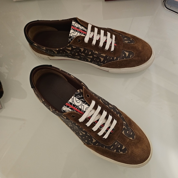 Burberry TB Brown Suede & Monogram Low Top Lace Up Sneakers - Picture 1 of 14